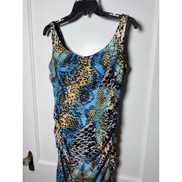 VTG Signature by Sangria Y2K Ruched Snake Satin Teal Blue Sleeveless Dress 10 - Picture 3 of 9